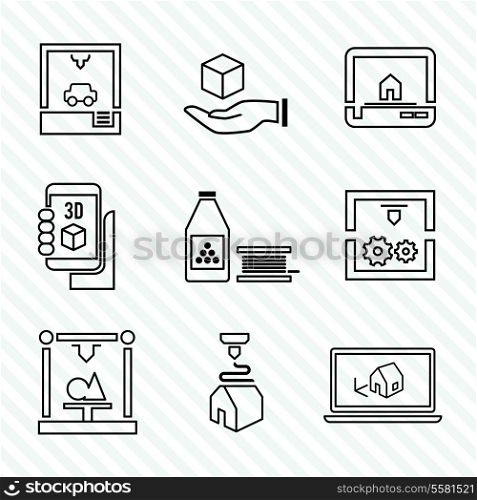 Printer 3d outline icons set of manufacturing production process isolated vector illustration