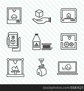 Printer 3d outline icons set of manufacturing production process isolated vector illustration