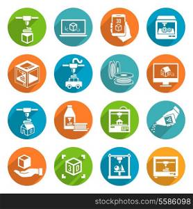 Printer 3d round button icons set of modern architecture futuristic print machine isolated vector illustration