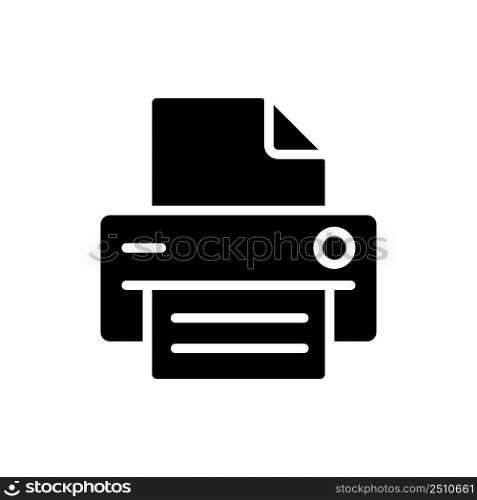 Printer black glyph icon. Office equipment. Electronic device for work purposes. Printing information on paper. Silhouette symbol on white space. Solid pictogram. Vector isolated illustration. Printer black glyph icon