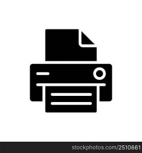 Printer black glyph icon. Office equipment. Electronic device for work purposes. Printing information on paper. Silhouette symbol on white space. Solid pictogram. Vector isolated illustration. Printer black glyph icon