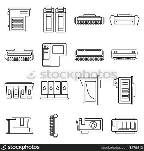 Printer cartridge icons set. Outline set of printer cartridge vector icons for web design isolated on white background. Printer cartridge icons set, outline style
