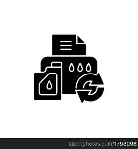 Printer cartridge refill black glyph icon. Reusable ink container for office machine. Eco friendly package. Reduce carbon print. Silhouette symbol on white space. Vector isolated illustration. Printer cartridge refill black glyph icon