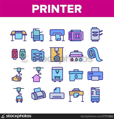 Printer Equipment Collection Icons Set Vector. Electronic 3d Printer And Device For Printing Build House, Ink Drop And Cartridge Concept Linear Pictograms. Color Contour Illustrations. Printer Equipment Collection Icons Set Vector