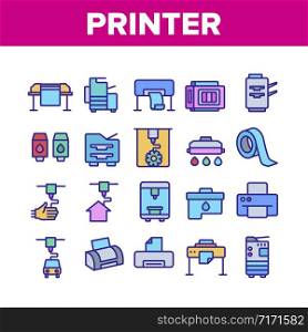 Printer Equipment Collection Icons Set Vector. Electronic 3d Printer And Device For Printing Build House, Ink Drop And Cartridge Concept Linear Pictograms. Color Contour Illustrations. Printer Equipment Collection Icons Set Vector