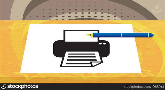 Printer icon on white paper with pen. Cartoon vector illustration. Print, Printing business concept.