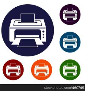 Printer icons set in flat circle reb, blue and green color for web. Printer icons set