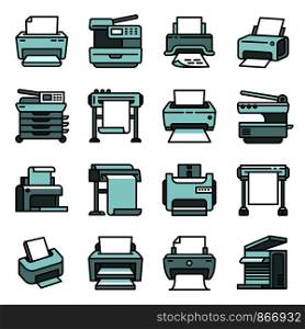 Printer icons set. Outline set of printer vector icons for web design isolated on white background. Printer icons set, outline style