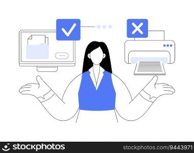 Printer ink and paper reduction abstract concept vector illustration. Woman thinking about printer paper and ink usage optimization, green computing, electronic documentation abstract metaphor.. Printer ink and paper reduction abstract concept vector illustration.