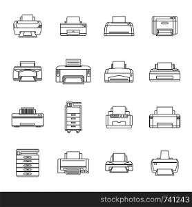 Printer office copy document icons set. Outline illustration of 16 printer office copy document vector icons for web. Printer office copy document icons set outline style