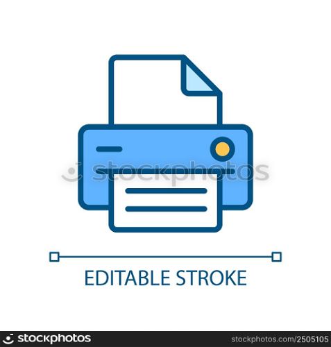 Printer pixel perfect RGB color icon. Office equipment. Device for work purposes. Printing info on paper. Isolated vector illustration. Simple filled line drawing. Editable stroke. Arial font used. Printer pixel perfect RGB color icon