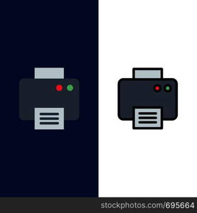 Printer, Print, Printed, Machine Icons. Flat and Line Filled Icon Set Vector Blue Background