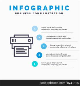 Printer, Print, Printing, Education Blue Infographics Template 5 Steps. Vector Line Icon template