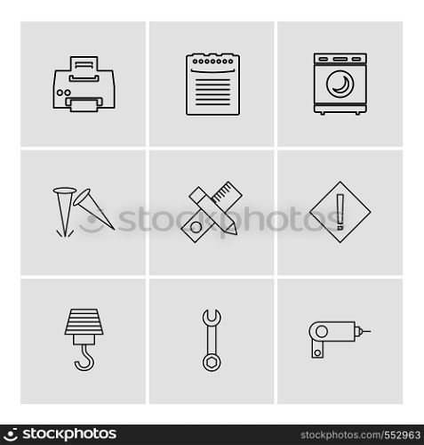 printer , scale , pencil , washing machine , nails , hardware , tools ,labour , constructions , icon, vector, design, flat, collection, style, creative, icons , electronics ,