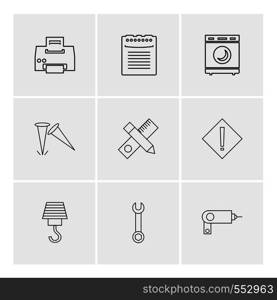 printer , scale , pencil , washing machine , nails , hardware , tools ,labour , constructions , icon, vector, design, flat, collection, style, creative, icons , electronics ,