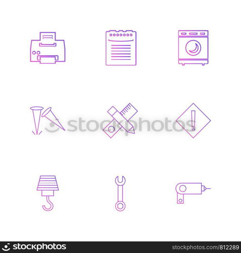 printer , scale , pencil , washing machine , nails , hardware , tools ,labour , constructions , icon, vector, design, flat, collection, style, creative, icons , electronics ,