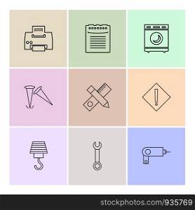 printer , scale , pencil , washing machine , nails , hardware , tools ,labour , constructions , icon, vector, design, flat, collection, style, creative, icons , electronics ,