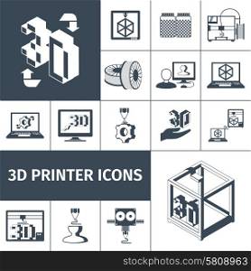 Printer with 3d technologies black decorative icons set isolated vector illustration. Printer 3d Icons