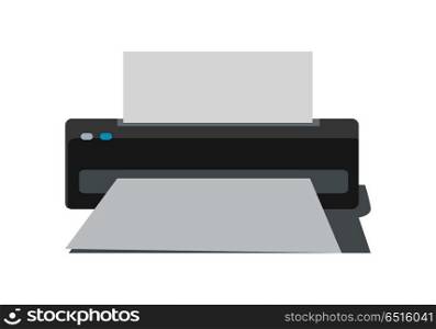 Printer with paper vector in flat style. Office equipment. Personal documents and photo printing. Illustration for computer peripherals shop advertising. Isolated on white background. Printer Vector Illustration in Flat Style Design . Printer Vector Illustration in Flat Style Design