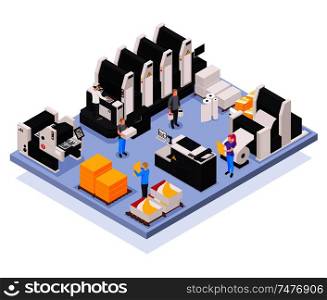 Printing house concept with polygraphy and creative team symbols isometric vector illustration