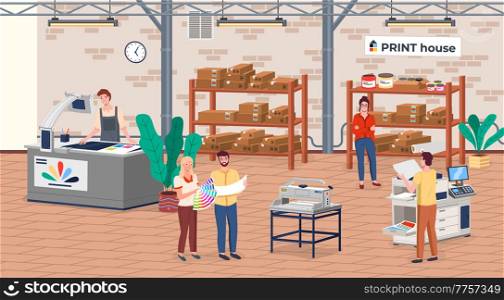 Printing house different equipment. Printer plotter, offset cutting machines and people workers. Industrial polygraphy isometric vector icons with man and woman picks a hue on the color palette. Printing house equipment. Printer plotter, offset cutting machines, man and woman workers