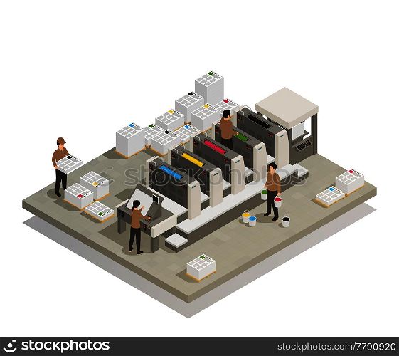 Printing house facility offset production line industrial equipment with operating personnel isometric composition vector illustration . Printing Production Process Isometric Composition