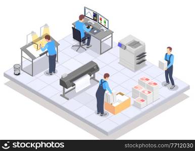Printing house isometric composition with human characters of workers at computers drawing easels paper and printers vector illustration. Print Service Isometric Composition