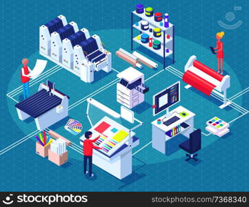Printing house polygraphy industry isometric composition with human characters, plant and machinery and printer consumable images vector illustration.. Printing House Isometric Polygraphy Composition