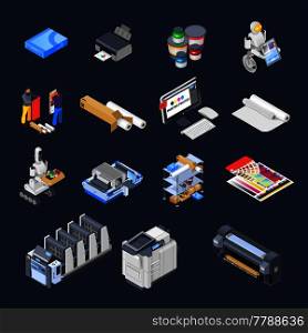 Printing house polygraphy industry isometric icons set of isolated computer peripherals printer consumables paper and furniture vector illustration. Printing Isometric Icons Collection