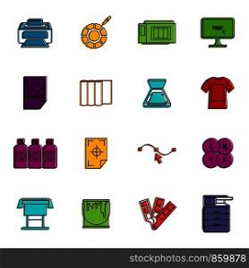 Printing icons set. Doodle illustration of vector icons isolated on white background for any web design. Printing icons doodle set