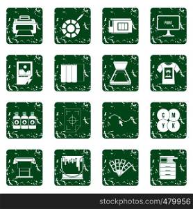 Printing icons set in grunge style green isolated vector illustration. Printing icons set grunge