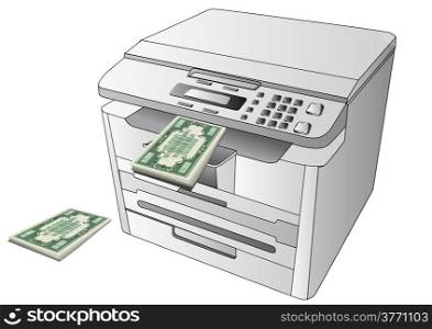 printing money. printer and abstract money on white background
