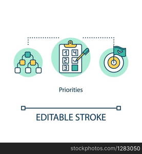 Priorities concept icon. Task prioritizing idea thin line illustration. Smart goals setting and planning. Effective time managing. Vector isolated outline RGB color drawing. Editable stroke