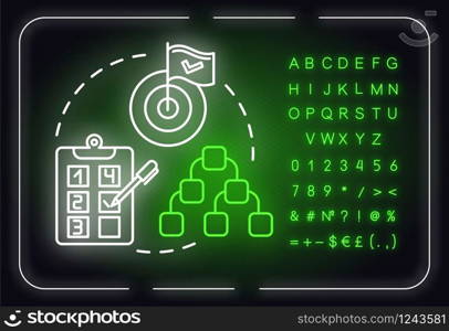 Priorities neon light concept icon. Mission plan. Taking on opportunities. Goal setting idea. Outer glowing sign with alphabet, numbers and symbols. Vector isolated RGB color illustration