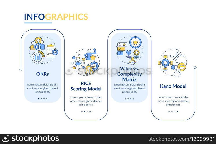 Prioritization frameworks, optimization rectangle infographic template. Data visualization with 4 steps. Editable timeline info chart. Workflow layout with line icons. Lato-Bold, Regular fonts used. Prioritization frameworks, optimization rectangle infographic template