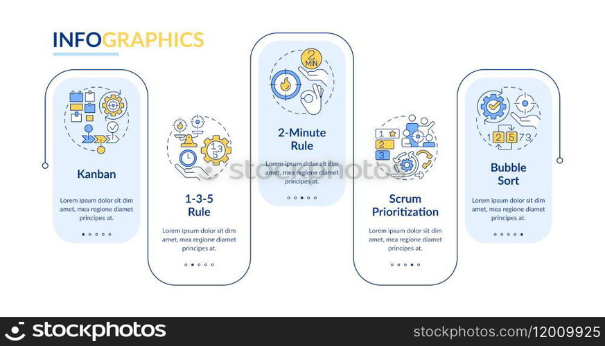 Prioritization tools rectangle infographic template. Task priority. Data visualization with 5 steps. Editable timeline info chart. Workflow layout with line icons. Lato-Bold, Regular fonts used. Prioritization tools rectangle infographic template