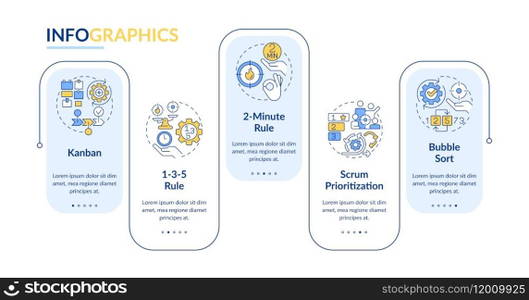 Prioritization tools rectangle infographic template. Task priority. Data visualization with 5 steps. Editable timeline info chart. Workflow layout with line icons. Lato-Bold, Regular fonts used. Prioritization tools rectangle infographic template