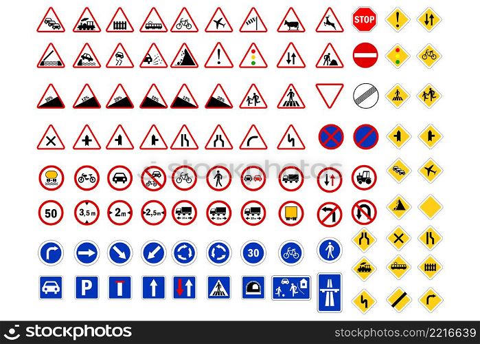 Priority road signs. Prohibition road signs. Mandatory road signs. Traffic Laws. Vector illustration. stock image. EPS 10.. Priority road signs. Prohibition road signs. Mandatory road signs. Traffic Laws. Vector illustration. stock image.
