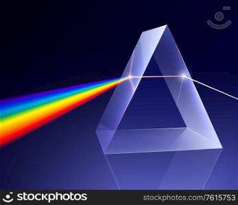 Prism light spectrum realistic composition with 3d image of bevelled glass and rainbow ray coming through vector illustration