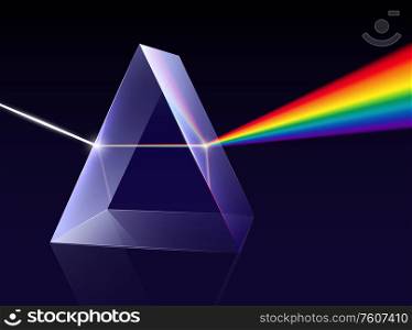 Prism light spectrum realistic composition with rainbow ray of light coming through 3d trangle shaped prism vector illustration