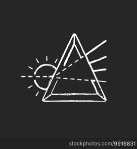 Prisma chalk white icon on black background. Wedge-shaped optical component. Light beam deviation. Analyzing and reflecting light. Telescopes, microscopes. Isolated vector chalkboard illustration. Prisma chalk white icon on black background