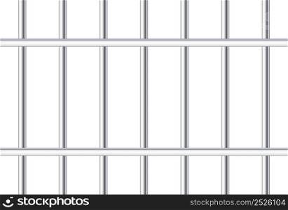 Prison background. Metal cage background. Prison metal rod bar. Jail iron. Steel cage on white background. Realistic gaol grate. Behind lattice. Crime, justice and security. Vector.
