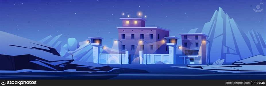 Prison building at night mountain landscape. Jail fenced with barbed wire on high wall, glowing searchlights on watchtowers, federal criminal institution facade exterior, Cartoon vector illustration. Prison building at night mountain landscape, jail