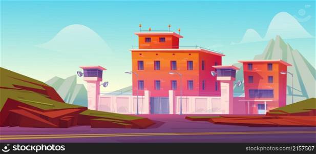 Prison building, jail fenced with strained barbed wire on high wall, searchlights on watchtowers. Criminal institution, penitentiary facade exterior at mountain landscape, Cartoon vector illustration. Prison building, jail fenced with barbed wire