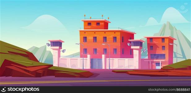 Prison building, jail fenced with strained barbed wire on high wall, searchlights on watchtowers. Criminal institution, penitentiary facade exterior at mountain landscape, Cartoon vector illustration. Prison building, jail fenced with barbed wire