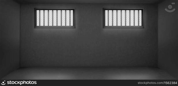 Prison cell with barred windows, empty jail interior with grey concrete walls and sun rays falling on floor. Cage for criminals and prisoners incarceration punishment. Realistic 3d vector illustration. Prison cell with barred windows, jail interior