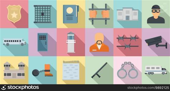 Prison icons set. Flat set of prison vector icons for web design. Prison icons set, flat style