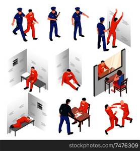 Prison isometric compositions set of arrested offenders guards inmates visitors investigator isolated vector illustration
