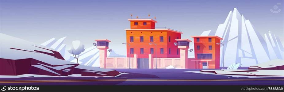 Prison, jail with fence, red brick walls and watchtowers in winter. Vector cartoon landscape with building for guard prisoners and criminal convicts, white mountains and snow. Prison, jail with fence and watchtowers in winter
