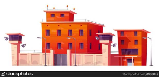 Prison, jail with fence, red brick walls, watchtowers and grating on windows. Vector cartoon illustration of building for guard prisoners and criminal convicts, penitentiary house. Prison building, jail with fence and watchtowers